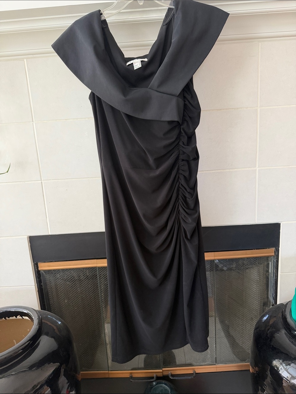 Joseph Ribkoff Black One-Shoulder Ruched Midi Dress